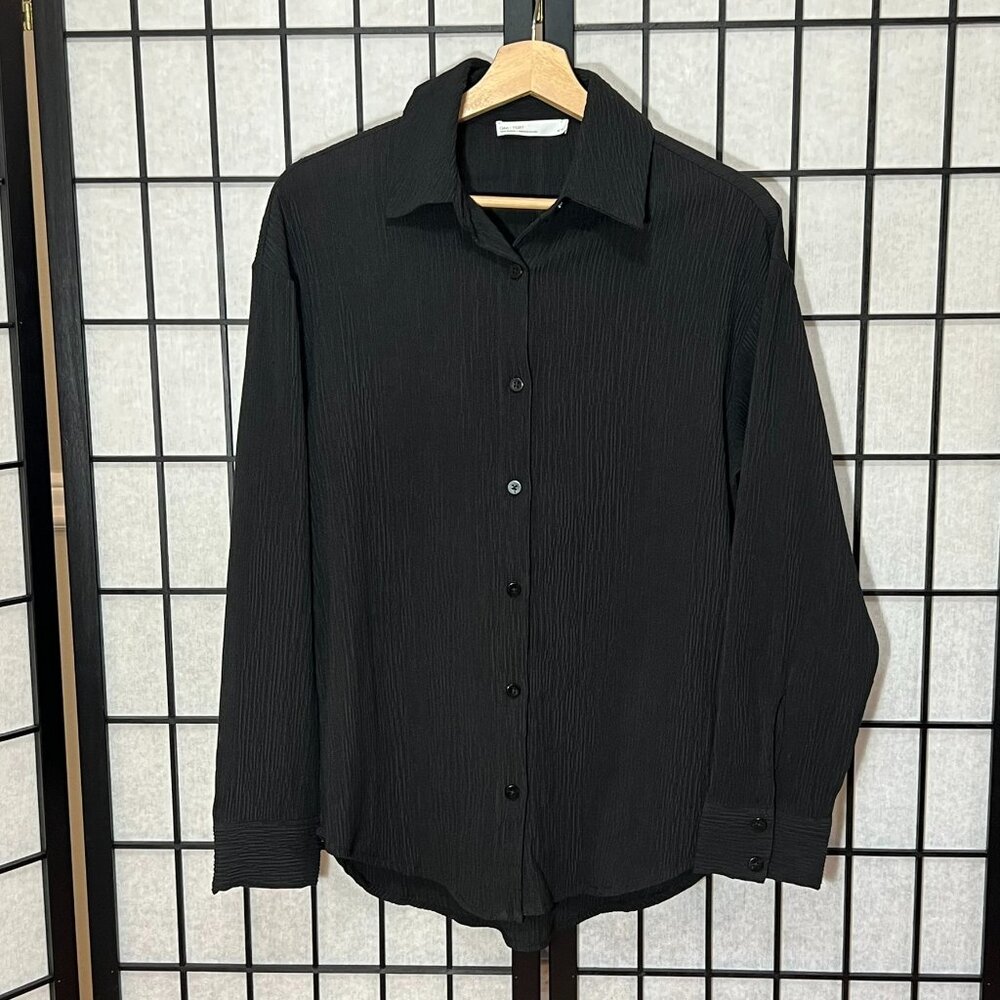 Oak + Fort Black Ribbed collared Button-Up Top XS
